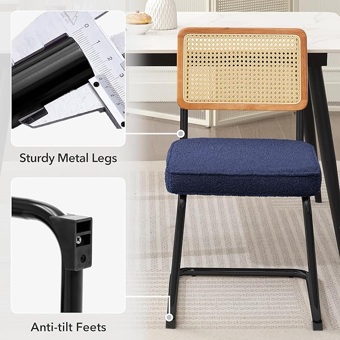 Rattan Dining Chairs Set of 2, Mid Century Modern Sherpa Dining Room Kitchen Chairs with Cane Back, Metal Chrome Legs, Upholstered Wicker Armless Accent Chairs, Blue - LeafyLoom