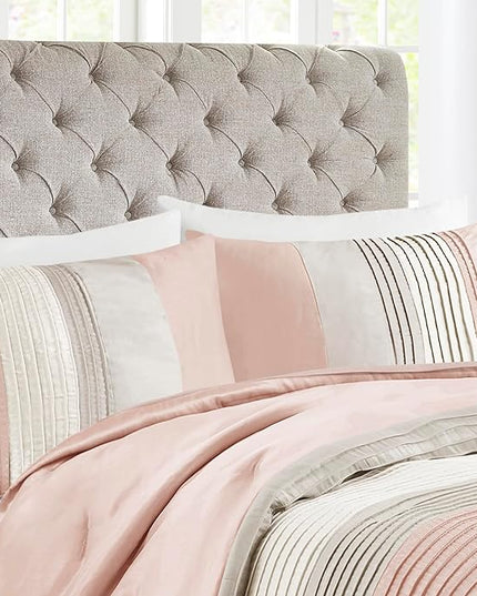 Madison Park Amherst Faux Silk Comforter Set-Casual Contemporary Design All Season Down Alternative Bedding, Matching Shams, Bedskirt, Decorative Pillows, Queen (90 in x 90 in), Blush/Taupe 7 Piece - LeafyLoom