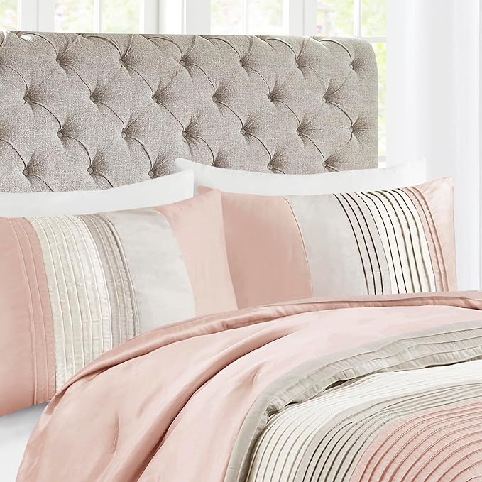 Madison Park Amherst Faux Silk Comforter Set-Casual Contemporary Design All Season Down Alternative Bedding, Matching Shams, Bedskirt, Decorative Pillows, Queen (90 in x 90 in), Blush/Taupe 7 Piece - LeafyLoom