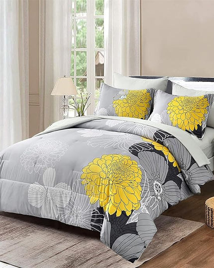 7 Pieces Bed in a Bag Yellow Floral Comforter Set Flowers Comforter Sets Soft Microfiber Bedding Set Queen Size (1 Comforter 1 Flat Sheet 1 Fitted Sheet 2 Pillowshams 2 Pillowcases) - LeafyLoom