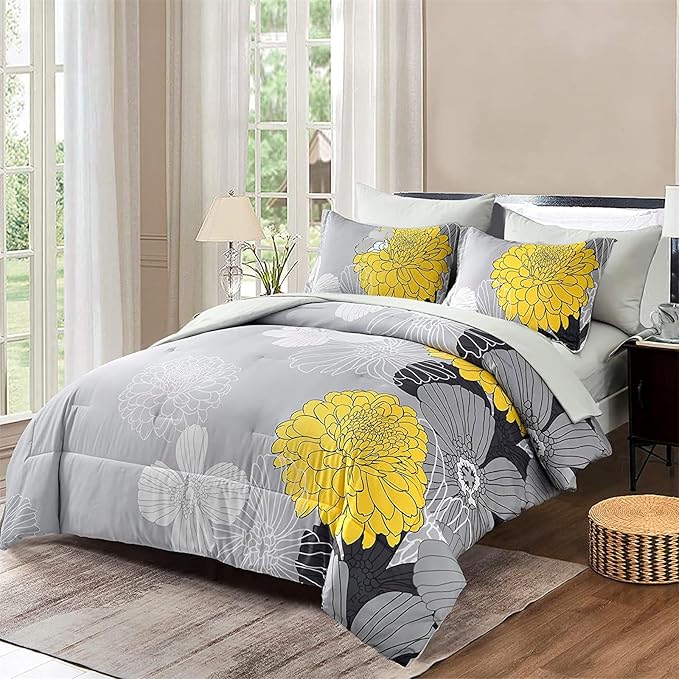 7 Pieces Bed in a Bag Yellow Floral Comforter Set Flowers Comforter Sets Soft Microfiber Bedding Set Queen Size (1 Comforter 1 Flat Sheet 1 Fitted Sheet 2 Pillowshams 2 Pillowcases) - LeafyLoom