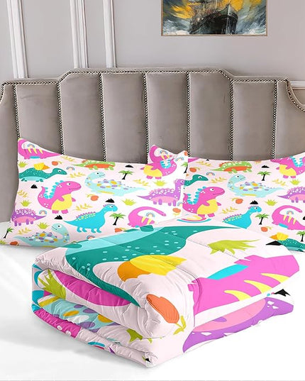 Girls Bedding Dinosaur Comforter Set Queen, Cute Dinosaur Bedding Set for Girls Adults Soft Breathable Dino Quilt Kids Queen Comforter Set, 1 Comforter 2 Pillowcase - LeafyLoom