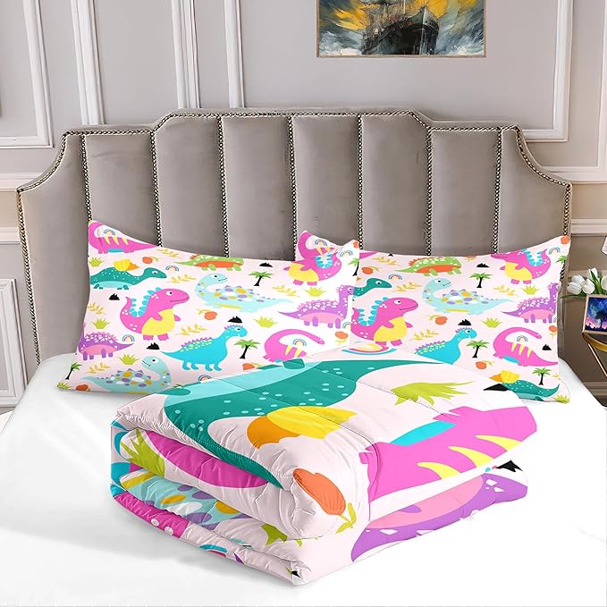 Dinosaur Bedding Full Size, Cute Girls Bedding Dinosaur Comforter Set for Girls Soft Breathable Cartoon Dino Quilt Kids Bedding Set for All Season, 1 Comforter 2 Pillowcase - LeafyLoom