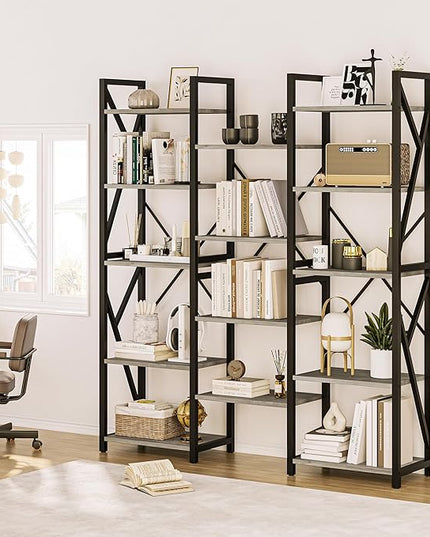 IDEALHOUSE Triple Wide 5 Tier Book Shelf, Tall Bookshelf with Open Display Shelves, Industrial Large Bookshelves and Bookcases with Metal Frame for Living Room, Bedroom, Home Office-Grey - LeafyLoom