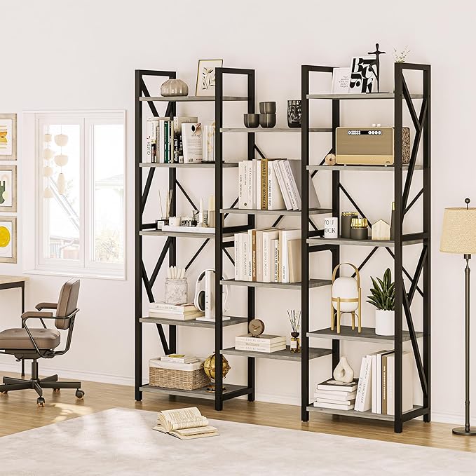 GAOMON Triple Wide 5 Tier Book Shelf, 70.8” Tall Bookcase with 14 Open Shelves, Large Industrial Bookshelves and Bookcases with Metal Frame for Home Office, Study Room, Living Room-Grey - LeafyLoom
