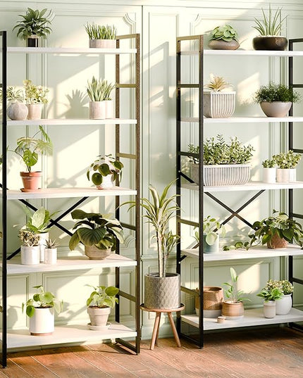 Shintenchi 2 Pieces 5 Tiers Bookshelf, Classically Tall Bookcase Shelf, Industrial Book Rack, Modern Book Holder in Bedroom/Living Room/Home/Office, Storage Rack Shelves for Books/Movies-White - LeafyLoom