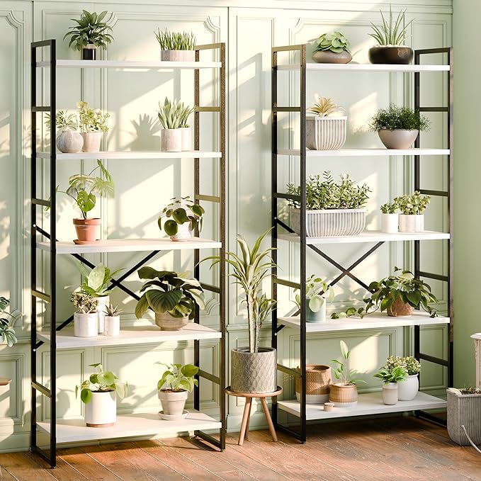 Shintenchi 2 Pieces 5 Tiers Bookshelf, Classically Tall Bookcase Shelf, Industrial Book Rack, Modern Book Holder in Bedroom/Living Room/Home/Office, Storage Rack Shelves for Books/Movies-White - LeafyLoom