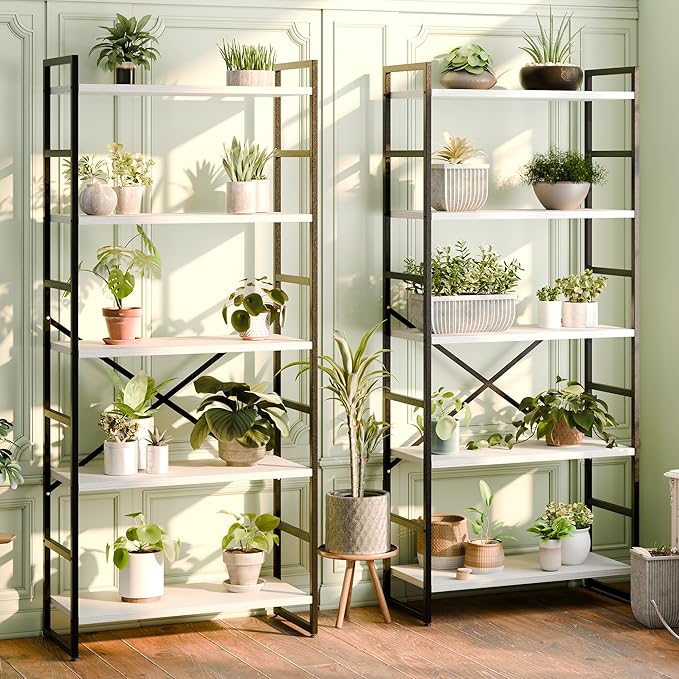 Shintenchi 5 Tiers Bookshelf, Classically Tall Bookcase Shelf,Industrial Book Rack,Modern Book Holder in Bedroom/Living Room/Office, Storage Rack Shelves for Books/Movies,11.8" Dx23.6 Wx62.2 H,White - LeafyLoom