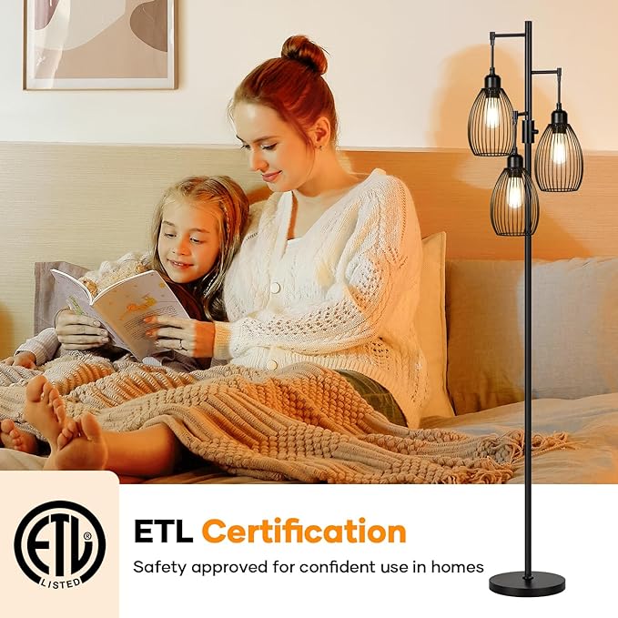 Dimmable Floor Lamp, 3 x 800LM LED Edison Bulbs Included, Farmhouse Industrial Floor Lamp Standing Tree Lamp with Elegant Teardrop Cage Tall Lamps for Living Room Bedroom Office Dining Room-Black - LeafyLoom