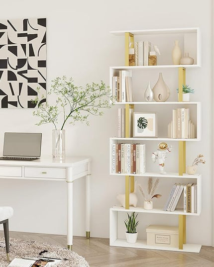 Yusong Geometric Bookcase, S Shaped Bookshelf 6-Tier Book Shelves for Bedroom, Modern Wood Decorative Display Shelf Tall Book Case for Home Office, Gold and White - LeafyLoom