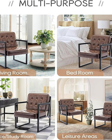COLAMY Mid Century Modern Accent Chair Set of 2, Comfy Living Room Chair, Brown Leather Accent Chair, Faux Leather Reception Armchair with Metal Legs for Living Room Bedroom Reception Office, Brown - LeafyLoom