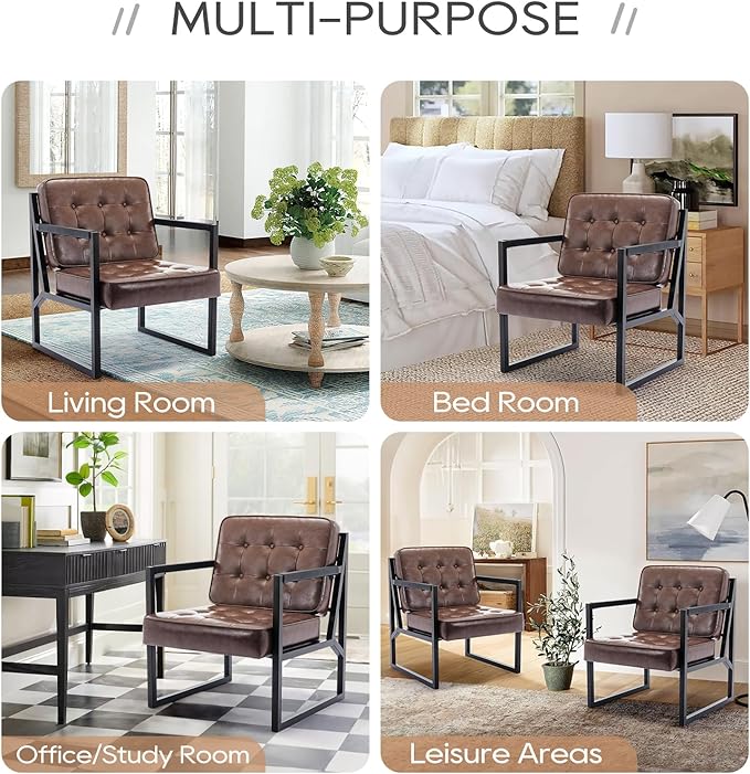 COLAMY Mid Century Modern Accent Chair Set of 2, Comfy Living Room Chair, Brown Leather Accent Chair, Faux Leather Reception Armchair with Metal Legs for Living Room Bedroom Reception Office, Brown - LeafyLoom