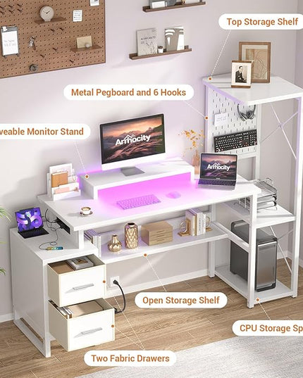 Computer Desk with 2 Fabric Drawers - Reversible Home Office Desk with Power Outlet & LED Lights, 53" Writing Desk with Monitor Stand & Storage Shelves, Gaming Desk Study Table with Pegboard, White - LeafyLoom