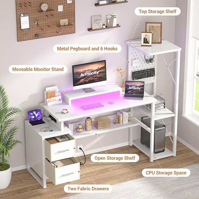 Computer Desk with 2 Fabric Drawers - Reversible Home Office Desk with Power Outlet & LED Lights, 53" Writing Desk with Monitor Stand & Storage Shelves, Gaming Desk Study Table with Pegboard, White - LeafyLoom