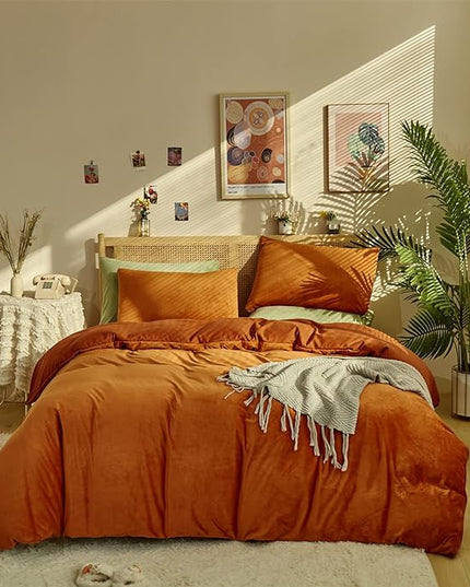 Wellboo Rust Caramel Fluffy Comforters Full Women Burnt Orange Velvet Bedding Comforter Sets Cotton Modern Solid Terracotta Flannel Quilts Girls Plain Reddish Plush Aesthetic Bed Quilts Shaggy Fur Bed - LeafyLoom