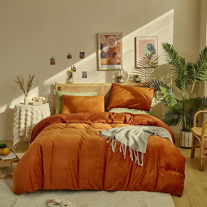 Wellboo Rust Caramel Fluffy Comforters Full Women Burnt Orange Velvet Bedding Comforter Sets Cotton Modern Solid Terracotta Flannel Quilts Girls Plain Reddish Plush Aesthetic Bed Quilts Shaggy Fur Bed - LeafyLoom