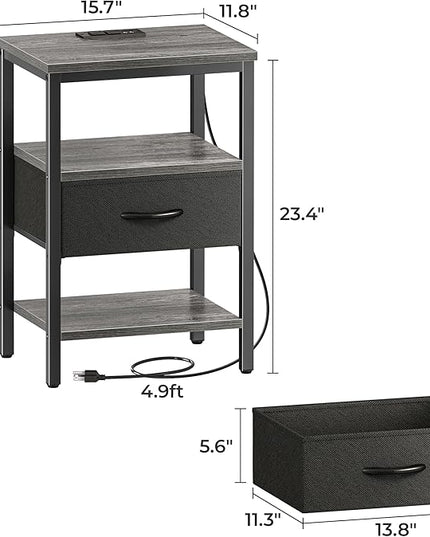 SUPERJARE Nightstand with Charging Station, Bed Side Table with Adjustable Fabric Drawer, Night Stand for Bedroom, 3-Tier Storage End Table, for Living Room, Charcoal Gray - LeafyLoom