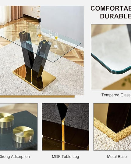 63.00" Modern Glass Table with Rectangular Tempered Tabletop,Dinner Desk Set for 6-8 People W, Home,Kitchen,Dining Room,Office,Black+Clear Finish, 63" V-Shape Bracket - LeafyLoom