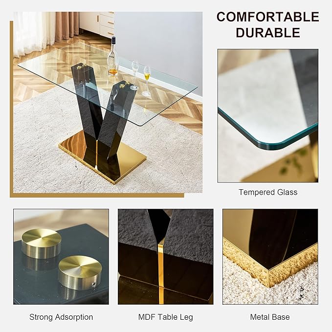 63.00" Modern Glass Table with Rectangular Tempered Tabletop,Dinner Desk Set for 6-8 People W, Home,Kitchen,Dining Room,Office,Black+Clear Finish, 63" V-Shape Bracket - LeafyLoom