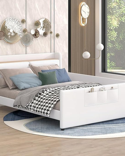 Full Size PU Upholstered Platform Storage Headboard,Footboard and 3 Pockets,Bedroom Solid Wood Bed Frame w/Security Guardrail & Slat Support,for Kids,Teen,Boys,Girls,Beige - LeafyLoom