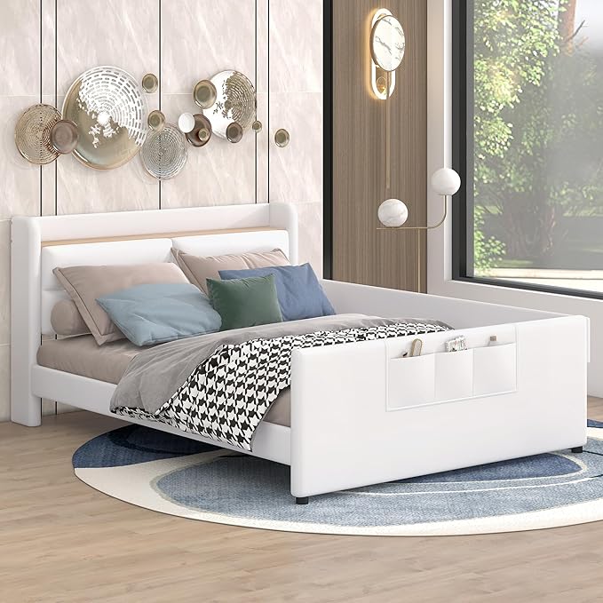 Full Size PU Upholstered Platform Storage Headboard,Footboard and 3 Pockets,Bedroom Solid Wood Bed Frame w/Security Guardrail & Slat Support,for Kids,Teen,Boys,Girls,Beige - LeafyLoom