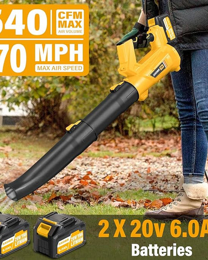 Cordless Leaf Blower - 540CFM Brushless Electric Leaf Blower Cordless with 2 * 6.0Ah Batteries and Charger -6 Speed Mode -20V Battery Powered Leaf Blowers for Lawn Care, Patio, Blowing Leaves - LeafyLoom