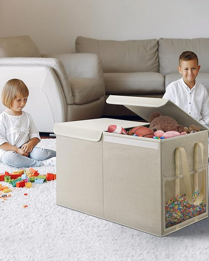Large Toy Box for Boys Girls Toy Chest Kids Toy Storage Organizer Collapsible Toy Storage Bin Basket with Two Mesh Pockets for Nursery Playroom Bedroom Living Room Organization - LeafyLoom