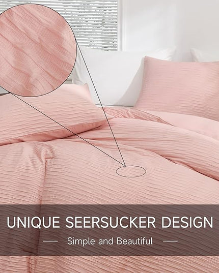 Blush Seersucker Comforter Set Full Size (79x90 in), 3 Pieces Soft Crinkled Textured Comforter with 2 Pillowcases, Lightweight Microfiber Down Alternative Bedding Set for All Season - LeafyLoom