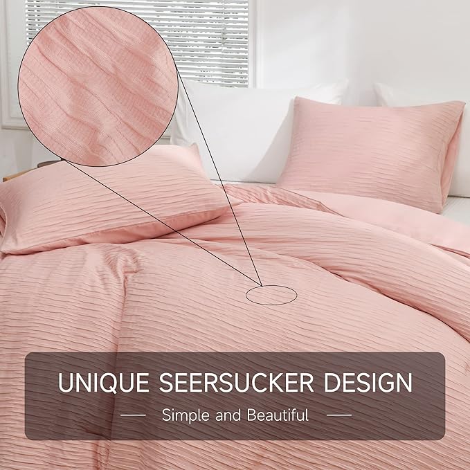 Blush Seersucker Comforter Set King Size (104x90 in), 3 Pieces Soft Crinkled Textured Comforter with 2 Pillowcases, Lightweight Microfiber Down Alternative Bedding Set for All Season - LeafyLoom