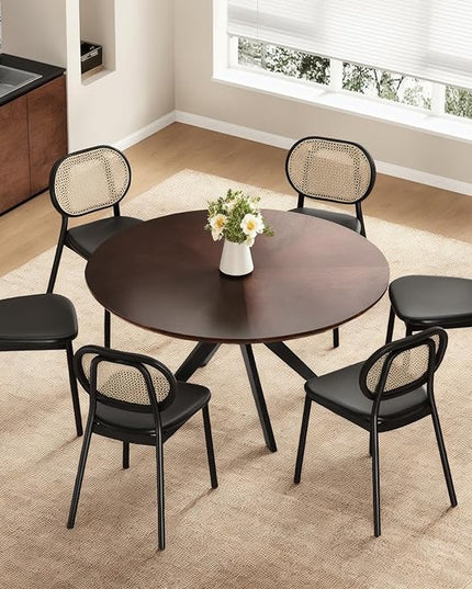 Soohow 47.2'' Round Dining Table Dining Room Table for 4-6 People,Kitchen Table Round Solid Wood Dining Table with Intersecting Pedestal Base,Walnut/Black - LeafyLoom
