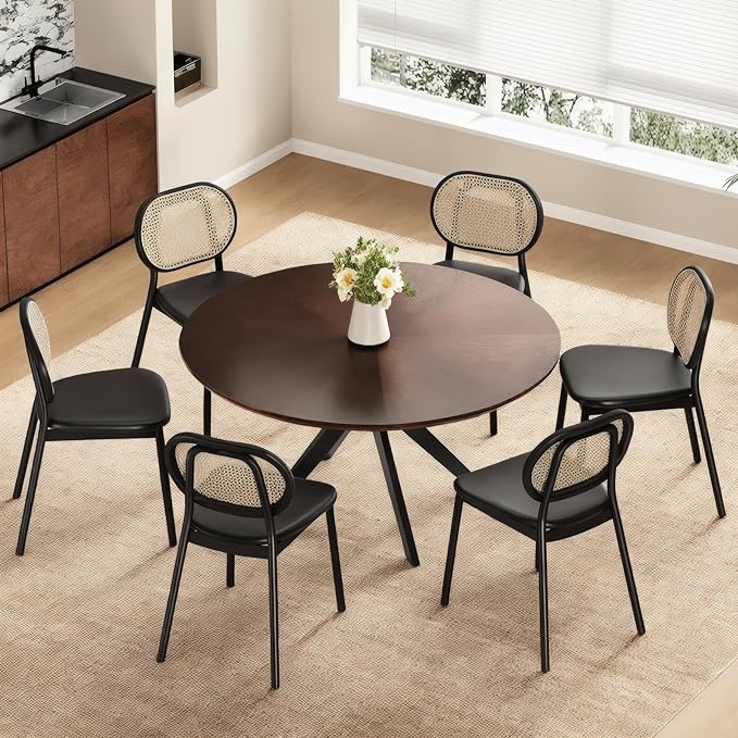 Soohow 47.2'' Round Dining Table Dining Room Table for 4-6 People,Kitchen Table Round Solid Wood Dining Table with Intersecting Pedestal Base,Walnut/Black - LeafyLoom
