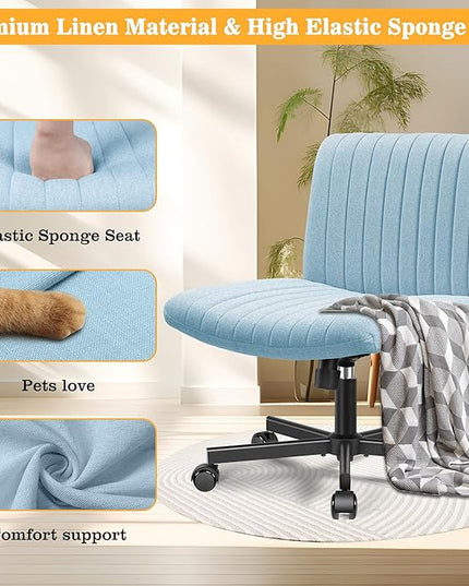 Armless Office Chair with Wheels, Wide Seat Fabric Desk Chair, Height Adjustable Cross Legged Computer Chair for Home Office, Swivel Modern Accent Chair Light Blue - LeafyLoom