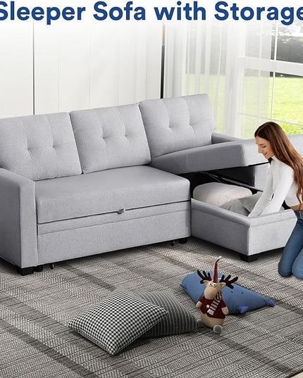 4-in-1 Convertible L Shaped Couch with Pull Out Bed and Storage Sectional Sleeper Sofa with Reversible Chaise for Living Room, Apartment, Bedroom, Office, Silver - LeafyLoom