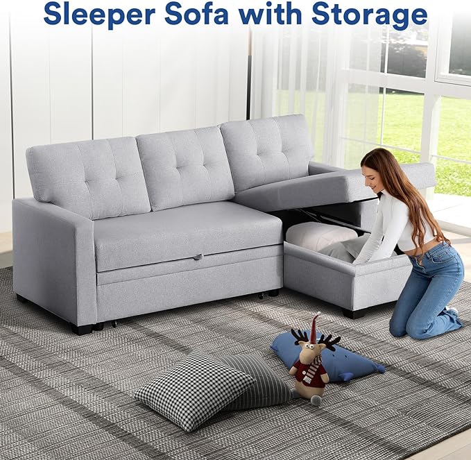 4-in-1 Convertible L Shaped Couch with Pull Out Bed and Storage Sectional Sleeper Sofa with Reversible Chaise for Living Room, Apartment, Bedroom, Office, Silver - LeafyLoom