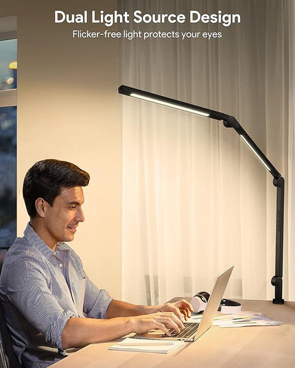 MediAcous LED Desk Lamp with Clamp, Dual Light Desk Lamp with Swing Arm, 4 Color Modes & 4 Brightness Metal Table Lamp, Eye-Caring Clip-on Lamp with Memory Function for Home Office Work Study - LeafyLoom