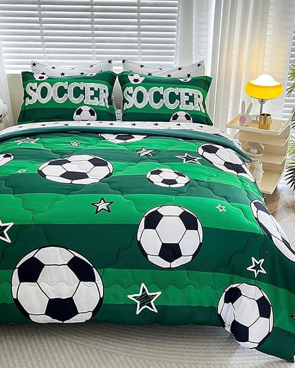 7 Piece Boys Soccer Comforter Set Queen Size Bed in A Bag 3D Football Playground Sports Bedding Set for Kids Microfiber Comforter All Season Green - LeafyLoom