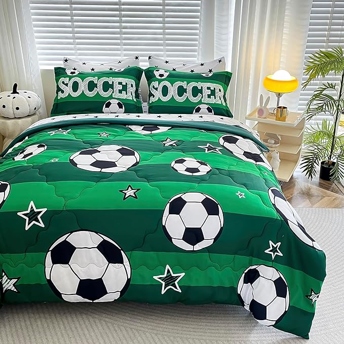 7 Piece Boys Soccer Comforter Set Full Size Bed in A Bag 3D Football Playground Sports Bedding Set for Kids Microfiber Comforter All Season Green - LeafyLoom