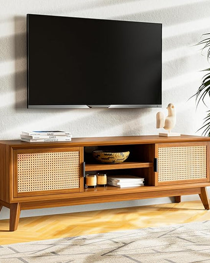 Bme Jasper Premium Solid Wood, 10 Minutes Assembly (Legs Only), Aesthetic Rattan Doors, Mid Century Entertainment Center for Living Room, TV Stand for 65" TV, Dark Chocolate - LeafyLoom