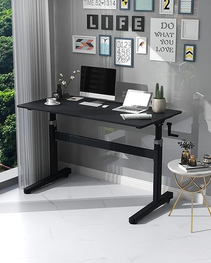 Manual Standing Desk Adjustable Height- Crank Mobile Standing Desk 55 x 24 Inches Sit Stand Desk Frame & Top, Stand Up Desk on Wheels, Computer Desk Black Frame & Black - LeafyLoom