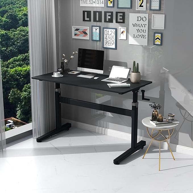 Manual Standing Desk Adjustable Height- Crank Mobile Standing Desk 55 x 24 Inches Sit Stand Desk Frame & Top, Stand Up Desk on Wheels, Computer Desk Black Frame & Black - LeafyLoom