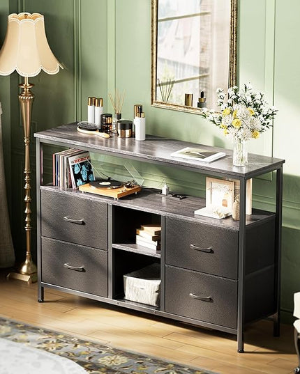 TV Stand Dresser with Power Outlets and LED Lights, 4 Drawers Entertainment Center with Open Shelf, Media Console for 50 43 Inch TV, Dresser with PU Finish, Grey and Black - LeafyLoom