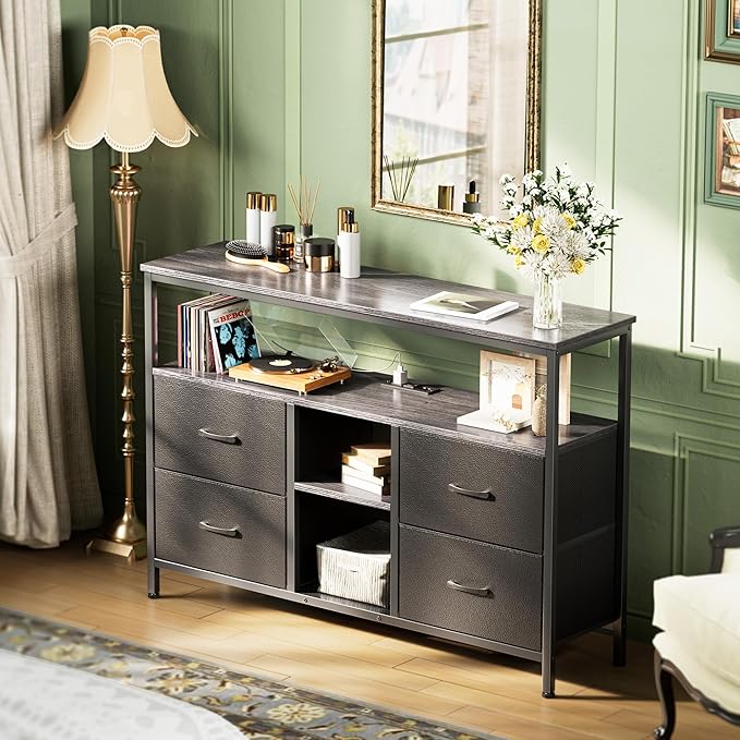 TV Stand Dresser with Power Outlets and LED Lights, 4 Drawers Entertainment Center with Open Shelf, Media Console for 50 43 Inch TV, Dresser with PU Finish, Grey and Black - LeafyLoom