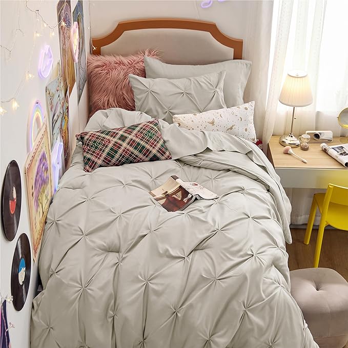 Bedsure Twin XL Comforter Set - Extra Long 5 Pieces Dorm Bedding Sets, Pinch Pleat Beige Bed in a Bag with Comforter, Pillowcase & Sham - LeafyLoom