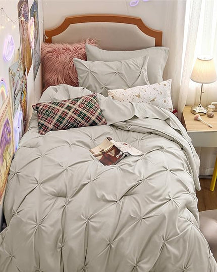 Bedsure Twin XL Comforter Set - Extra Long 5 Pieces Dorm Bedding Sets, Pinch Pleat Beige Bed in a Bag with Comforter, Pillowcase & Sham - LeafyLoom