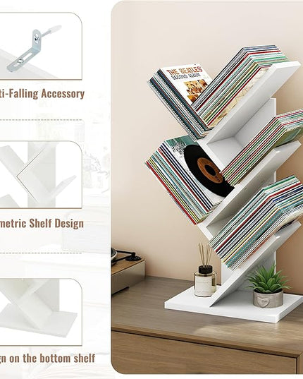 Hoctieon 4 Tier Tree Bookshelf, Small Bookcase, Free Standing Tree Bookcase, Bookshelf for Bedroom, Book Shelf Organizer, Small Bookshelf, White - LeafyLoom