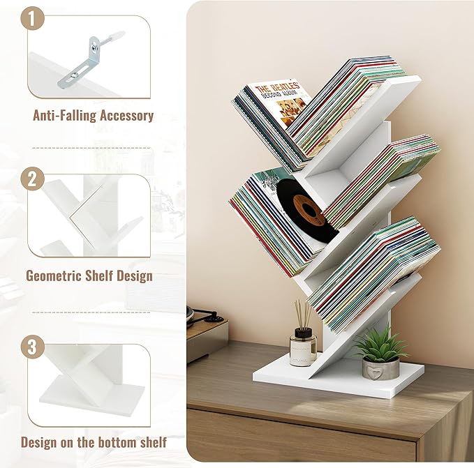 Hoctieon 4 Tier Tree Bookshelf, Small Bookcase, Free Standing Tree Bookcase, Bookshelf for Bedroom, Book Shelf Organizer, Small Bookshelf, White - LeafyLoom