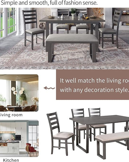 60" Dining Table Set for 6, Solid Wood Dining Room Table Set with Backrest, Kitchen Table Chairs Set of 6 for Living Room and Kitchen, Grey+Beige - LeafyLoom