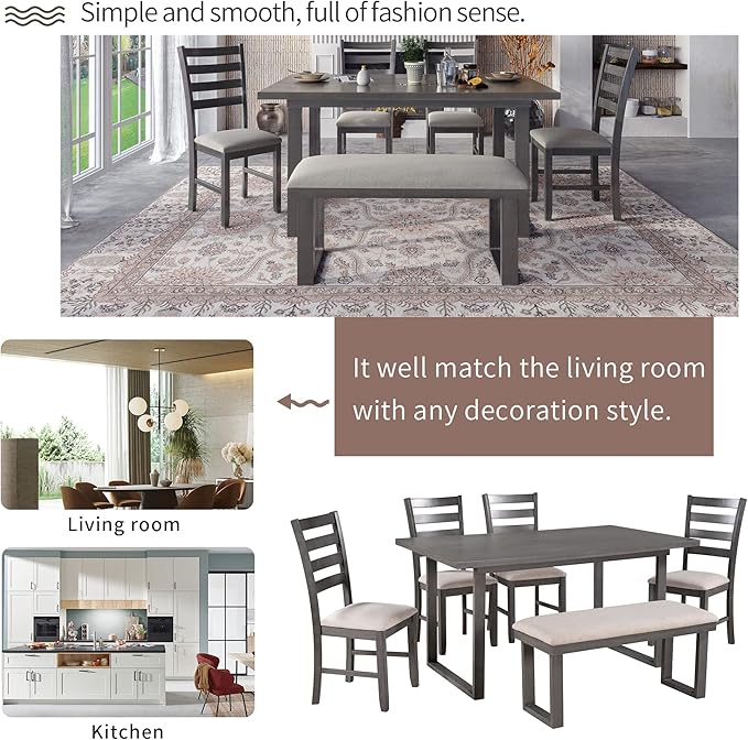 60" Dining Table Set for 6, Solid Wood Dining Room Table Set with Backrest, Kitchen Table Chairs Set of 6 for Living Room and Kitchen, Grey+Beige - LeafyLoom