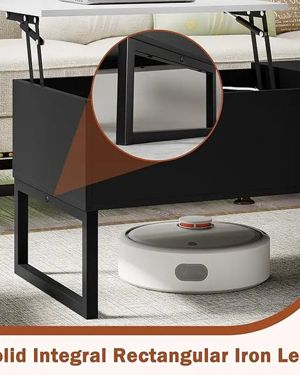 Black Coffee Table with White Lift Top - Modern Industrial Coffee Table with Lifting Top and Hide Compartment Storage - 40 Inch Rectangle Lift Coffee Tables for Living Room - LeafyLoom