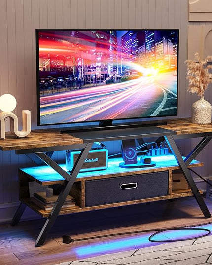 Bestier TV Stand for Living Room, LED Entertainment Center with Power Outlets, Farmhouse TV Stand 55 Inch for TV up to 65 Inch for bedroom, Gaming TV Console Table with Storage, Rustic Brown - LeafyLoom